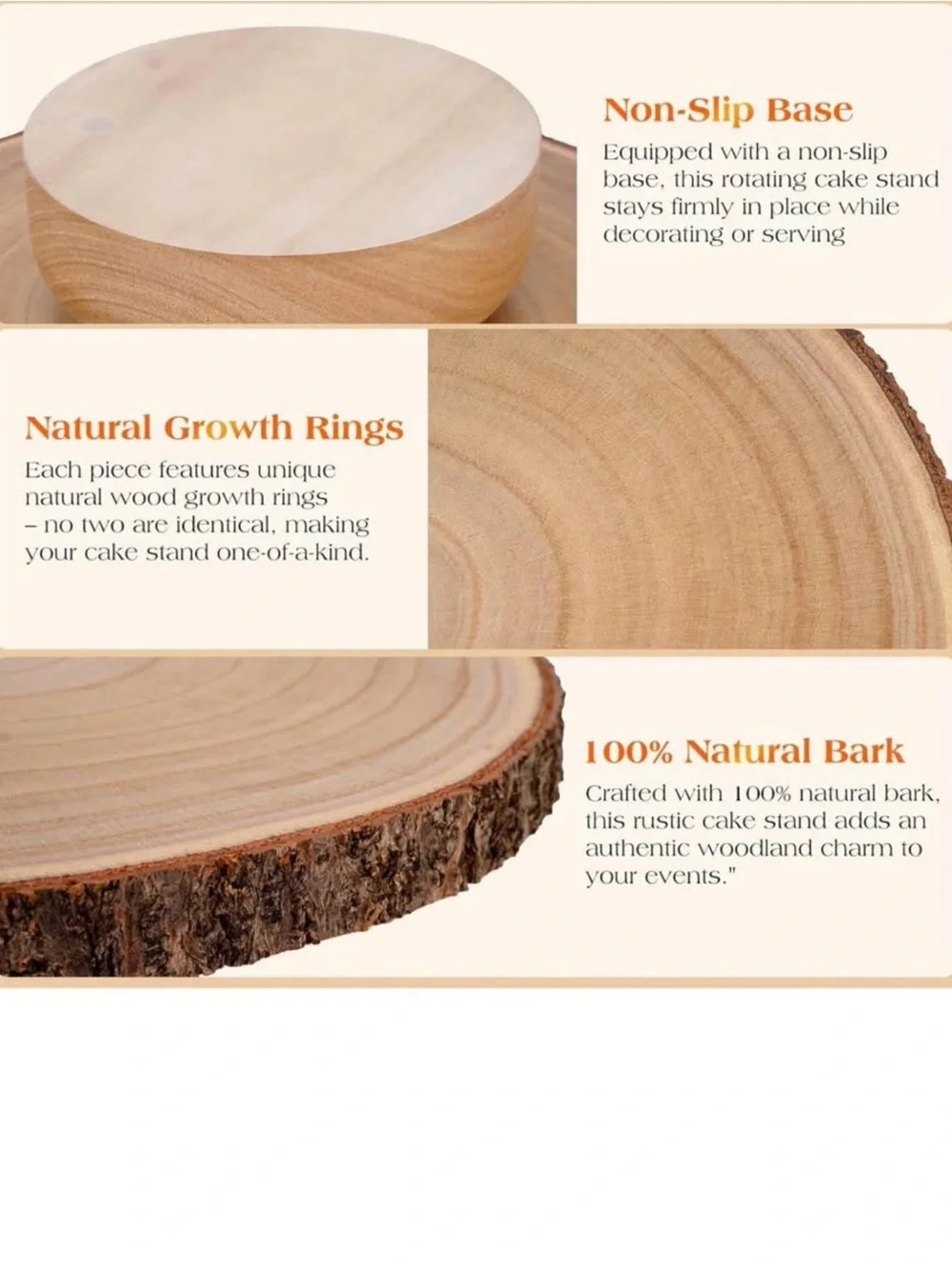 Wooden Cake Stand Turntable with Natural Bark Edge - White Cake Display